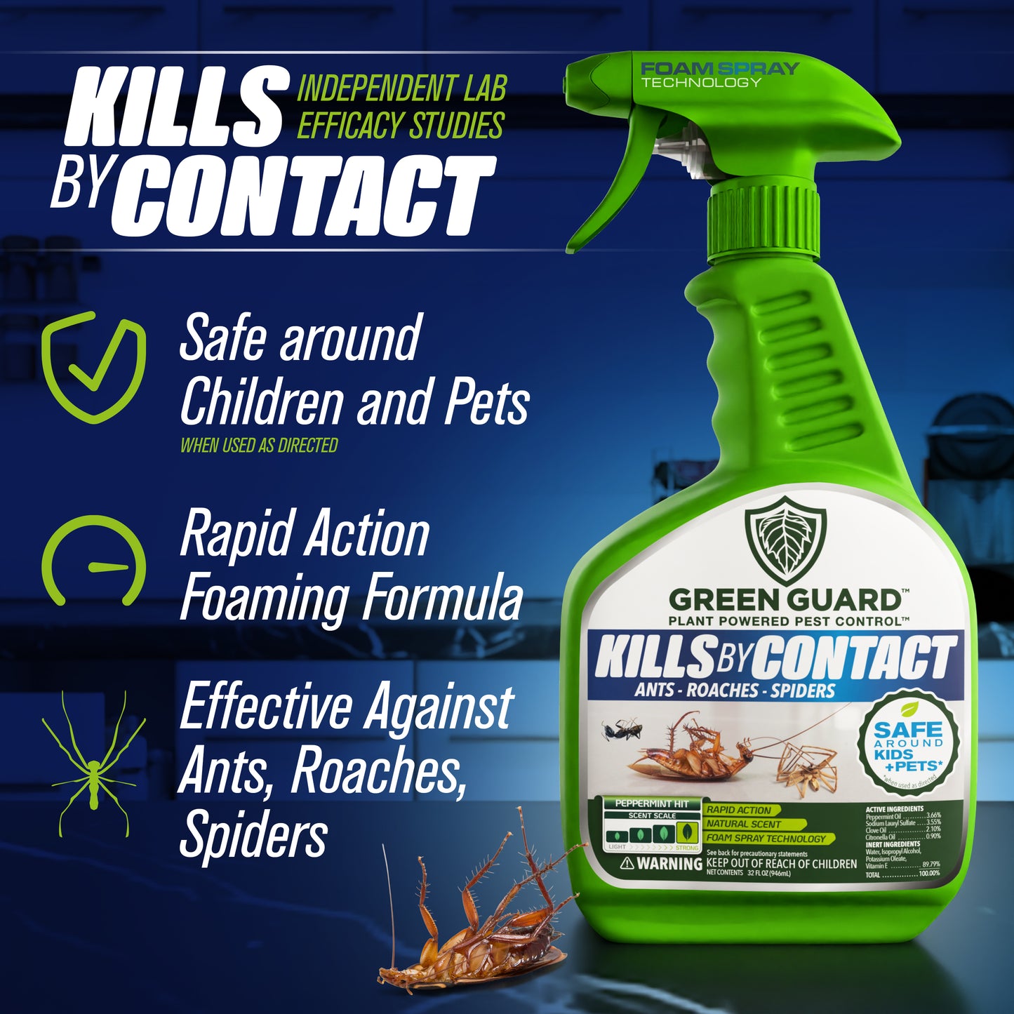 16 oz Peppermint Hit Green Guard Pest Control Spray- Safe Around Children & Pets, Kills by Contact: Ants, Roaches, Spiders & Other Crawling Insects, Indoor and Outdoor, Pleasant Scent