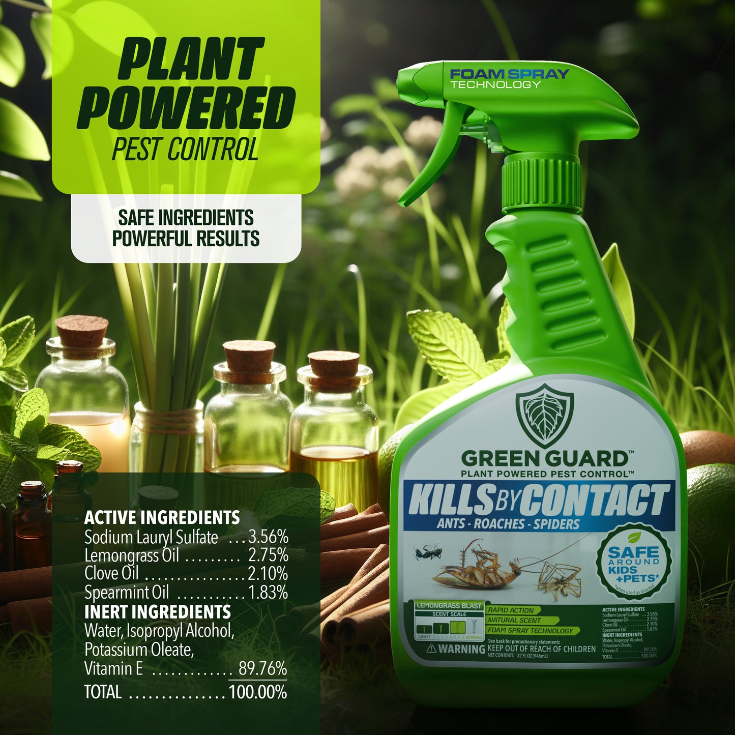 32 oz Green Guard Pest Control Spray- Safe Around Children & Pets, Kills by Contact: Ants, Roaches, Spiders & Other Crawling Insects, Indoor and Outdoor, Pleasant Scent